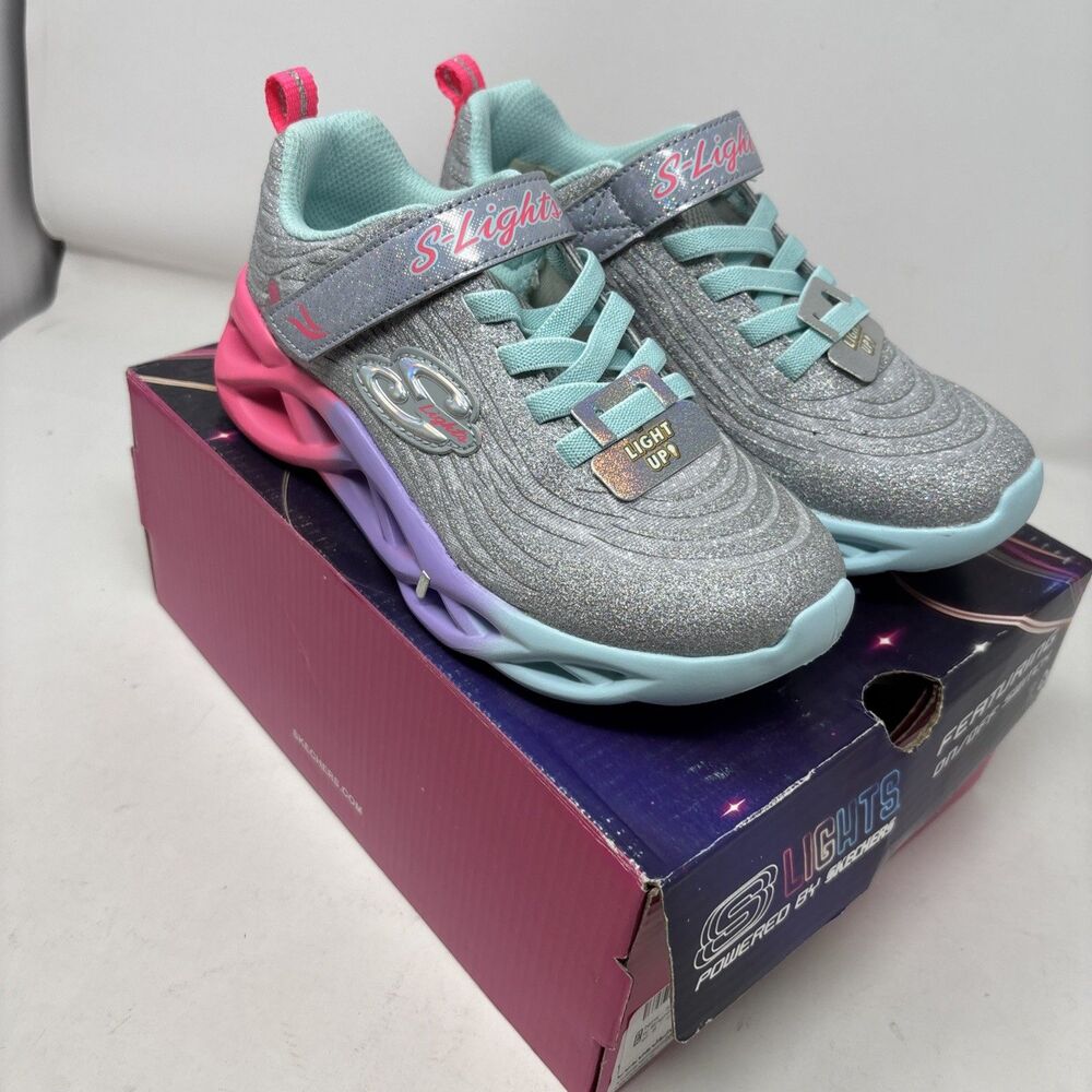 ⁠Skechers S-Lights Twisty Brights Color Radiant Silver Multi Girls Size 1.5
